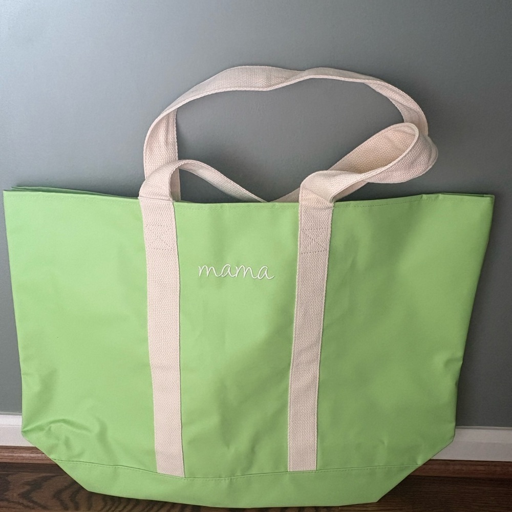 Green 'mama' Embroidered Tote with Cream Handles